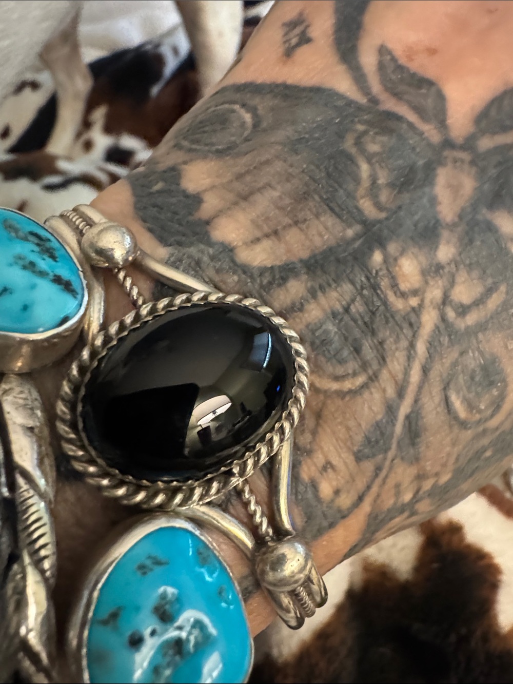 Sterling Silver Black Onyx and Turquoise Statement Cuff Bracelet